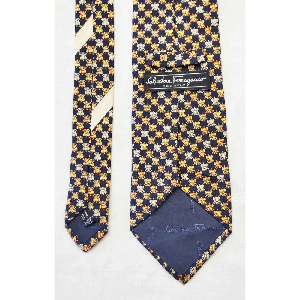 Salvatore Ferragamo Mens Puppy Dogs Puppies Navy 100% Silk Neck Tie Made Italy